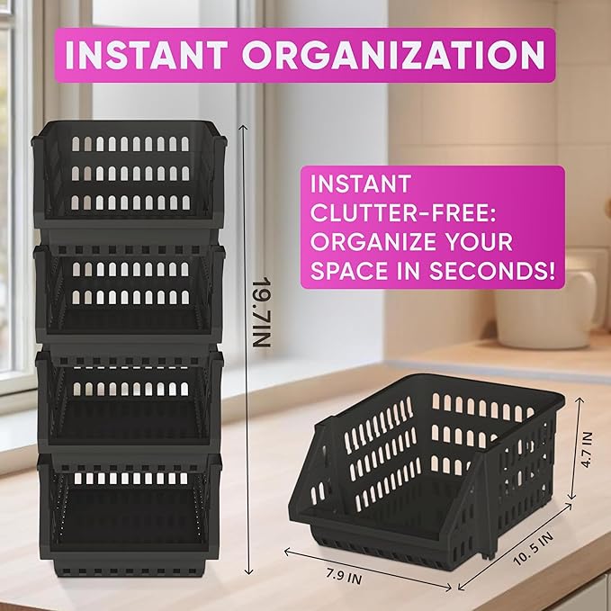 Skywin TidyFriend Small Stackable Storage Bins for Toy Organizer and Storage 4 Pack, Toy Storage Organizer for Kids Room and Home Organization (Black)