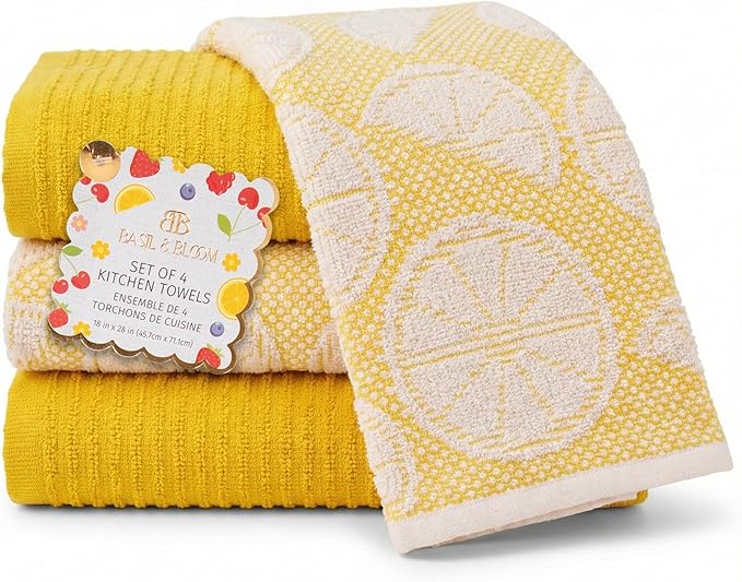 MosJos Kitchen Towels Set of 4 Premium Hand Towels 18 x 28 Inch Large Tea Towels for Drying & Decor - Soft, Absorbent Cotton Yellow Ribbed and Lemon Citrus Weave Cute Hand Towels - Housewarming Gift