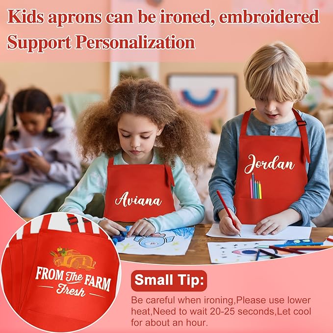 6 Pack Kids Apron bulk with 2 Pockets Adjustable Chef Art Apron Kids Painting Aprons for Cooking Baking Painting Crafting Grilling Activity（6 Color）