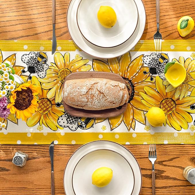 Artoid Mode Sunflower Bee Flower Polka Dot Summer Table Runner, Seasonal Kitchen Dining Table Decoration for Indoor Party Home 13x72 Inch