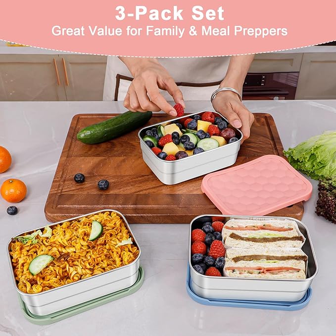 Caperci 25oz Stainless Steel Food Containers, 3-Pack Bento Lunch Box with Silicone Lids, Leak-Proof Reusable Meal Prep Container for Sandwiches & Snacks, BPA-Free (720ML)