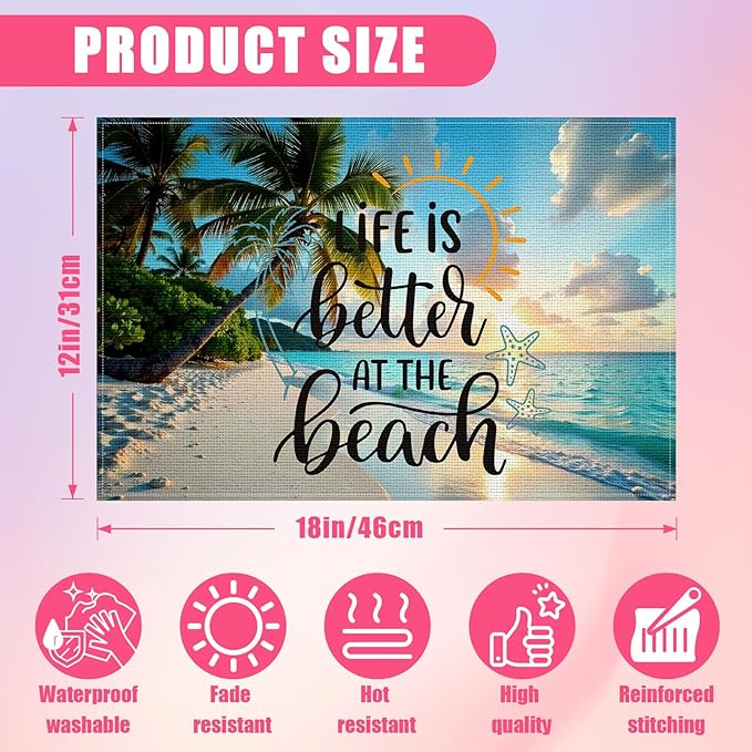 Sea Beach Palm Tree Placemats Set of 6,12x18 Inch Linen Place Mat Washable Stain Resistant Table Mats for Spring Summer Seasonal Farmhouse Kitchen Party Home Decor