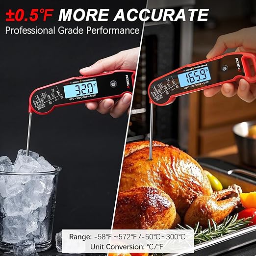 Atogou Meat Thermometer, Professional Food Thermometer, <1 Sec Instant Read, ±0.5℉ Accuracy, Thermocouple Sensor, Waterproof Digital Thermometer for Cooking, BBQ, Grill, Him Dad Birthday Gifts, Red