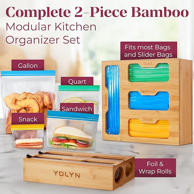 Bamboo Food Storage Bag Organizer for Drawer with Foil & Plastic Wrap Dispenser – 4 in 1 Premium Kitchen Drawer Organizer for Gallon, Quart & Sandwich Bags