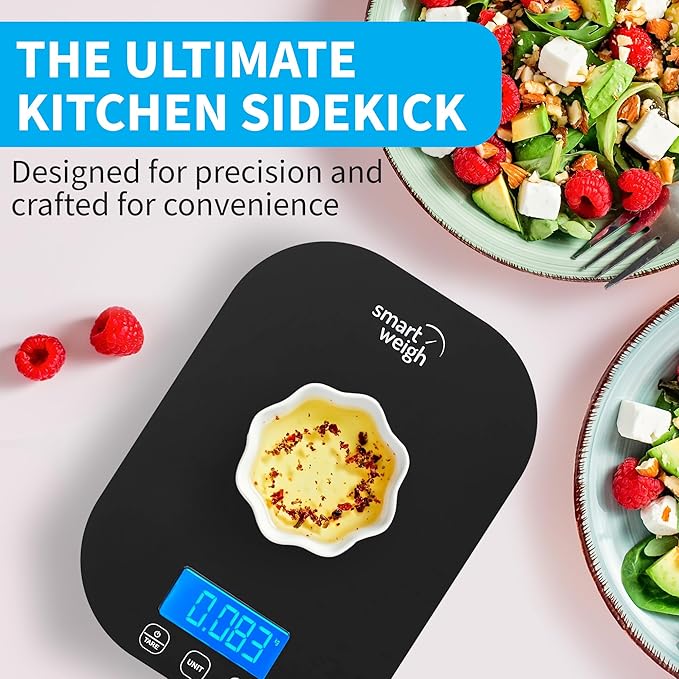 Smart Weigh Black Digital Kitchen Scale for Cooking, Weight Loss, Calorie Tracking, Baking, Food Portion Control, and Meal Prep - Accurate Measurements in Grams and Ounces