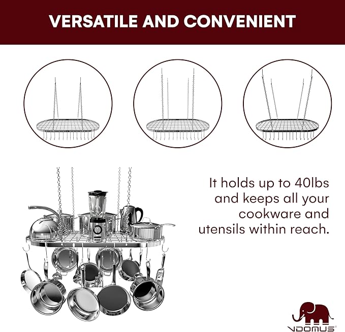 Vdomus Hanging Pot Rack - Ceiling Mount Kitchen Organizer for Pots and Pans with 15 Hooks - 33 x 17 Inches Heavy-Duty, Durable and Space-Saving Pan Holder - Silver