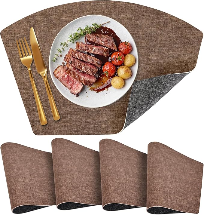 Round Table Placemats Set of 4, Dual-Sided Wedge Shape Faux Leather Table Mats, Washable Wipeable Heat Resistant Place Mats for Outdoor Indoor, Brown Gray