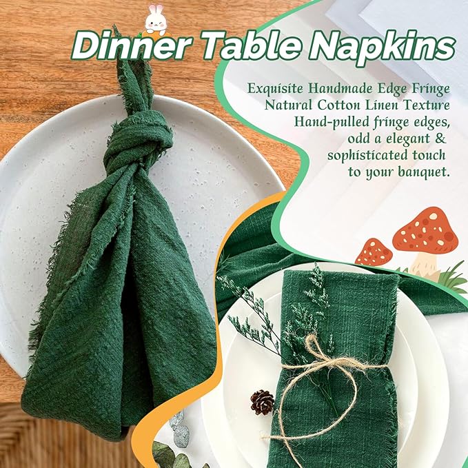 Showgeous 30 Pack Emerald Green Cloth Napkins with Fringe 16x16 inch 100% Cotton Green Napkins Handmade Dinner Napkins Bulk Washable Soft Rustic Table Napkins for Wedding Parties Bridal Baby Shower