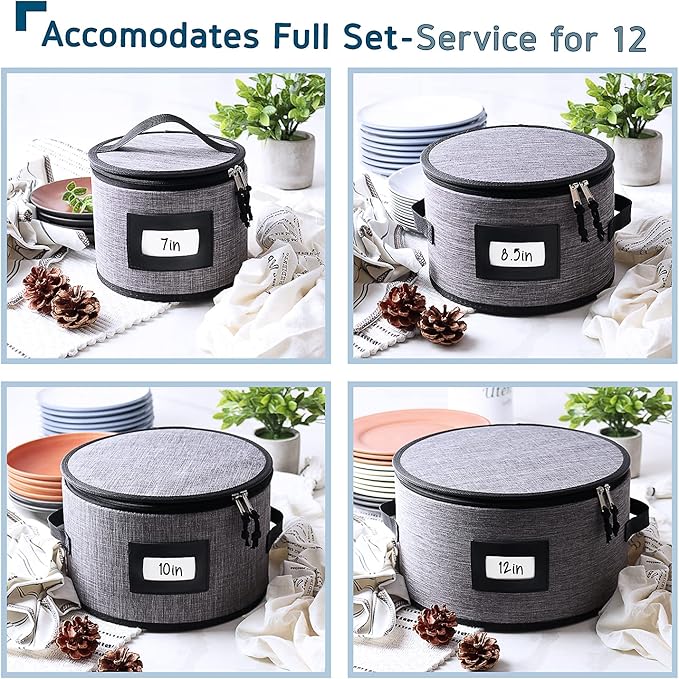 Fine China Storage Containers, 5 Piece Quilted Dish Storage Containers, Mug, Cup, and Plate Dish Organizer with Felt Dividers, Service of 12 Dinnerware Boxes for Moving, Seasonal Organization, Grey