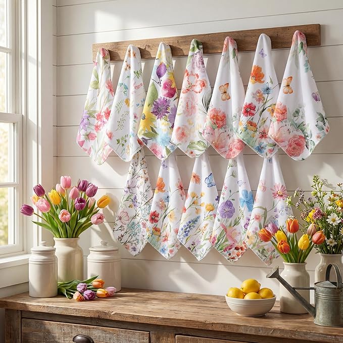 Tinlade 36 Pack Reusable Cleaning Cloths Washable Cotton Kitchen Towels Bulk 11.81 x 9.84 Inches Absorbent Dish Towels Roll for Home Kitchen Cleaning Supplies 12 Styles(Wildflower)