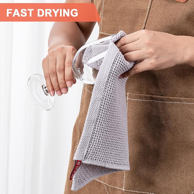 BOOMIBOO 6-Pack Kitchen Dish Cloths, 100% Cotton Waffle Weave, Ultra Soft Absorbent, Quick Drying Dish Towels, 12x12 Inches，Light Grey
