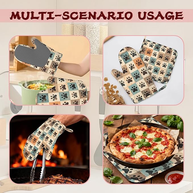 Cute Paw Print Heat-Resistant Silicone Oven Mitts and Pot Holder 4 Piece Set,Vintage Non-Slip Kitchen Oven Gloves for Baking, BBQ, Cooking,Grilling
