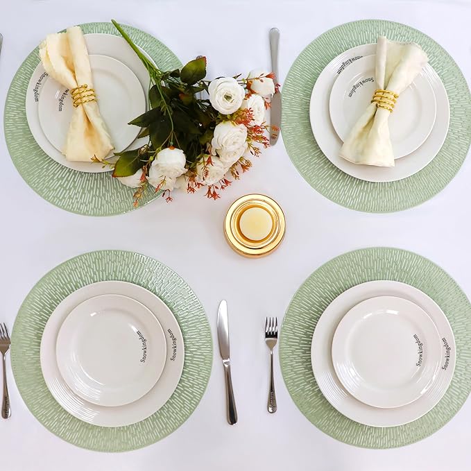 Snowkingdom Sage Green Easter Placemats Set of 8, Vinyl Hollow Spring 15 Inch Round Sage Green Place Mat, Washable Easy Clean Wipeable Non Slip Dining Table Mats for Wedding Bridal Shower Party Decor