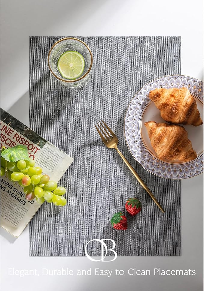 Placemats Set of 6 - Easy Clean Woven Vinyl Placemat for Dining Table, Indoor/Outdoor Place Mats, Washable PVC Table Mats（Gray）