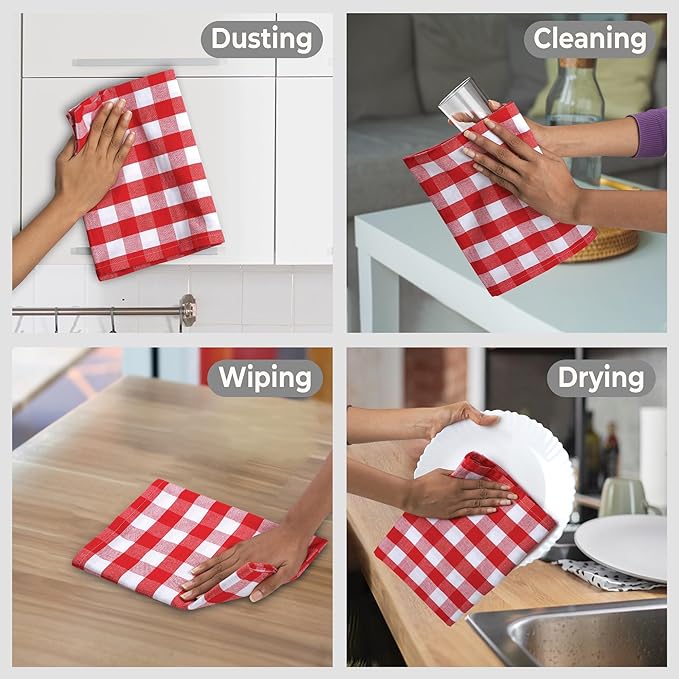 Urban Villa Kitchen Towels 100% Cotton Dish Towels for Kitchen (Set of 6) 20”x30” Dish Cloths Highly Absorbent Kitchen Linen Set with Hanging Loop Perfect for Drying Dishes Cleaning – Red White