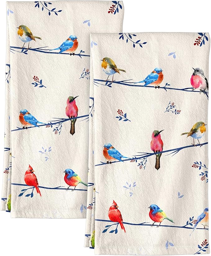 Miss Adola Flour Sack Kitchen Towels Set of 2-18x26 Cotton Dish Towels with Hanging Loop Reusable Tea Towel for Cleaning Spring Absorbent Dishcloths Cute Home Decor Housewarming, Watercolor Bird