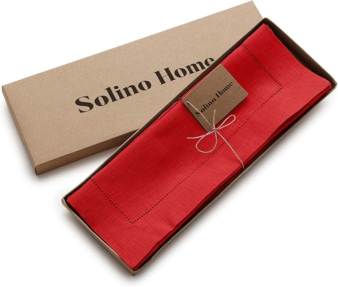 Solino Home Linen Cloth Placemats Set of 6-100% Pure Linen Hemstitch Red Placemats 14 x 19 Inch - Classic Hemstitch Table Place Mats for Mothers Day, Memorial Day