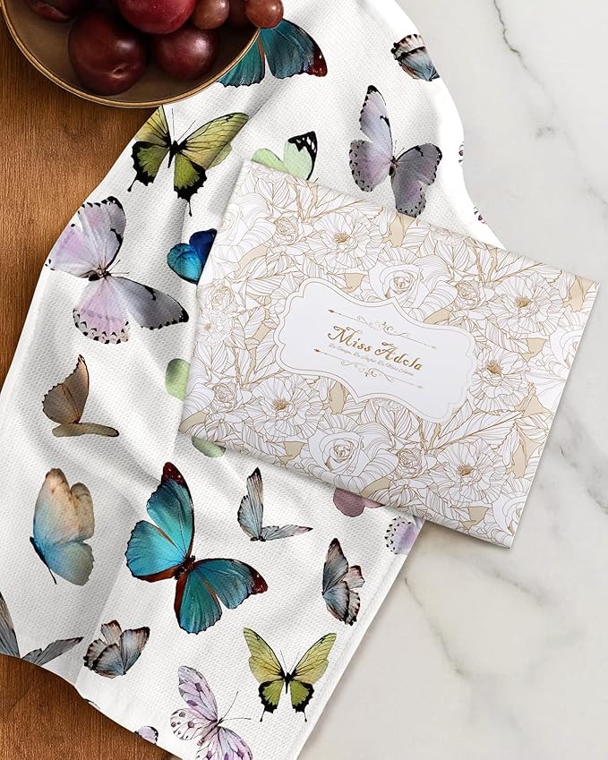 Miss Adola 2pcs Waffle Kitchen Towels - 16x26 Inch Cotton Waffle Weave Dish Cloths Set of 2 with Hanging Loop Absorbent Hand Tea Towels Whimsical Design for Housewarming Gift, Morpho Butterfly