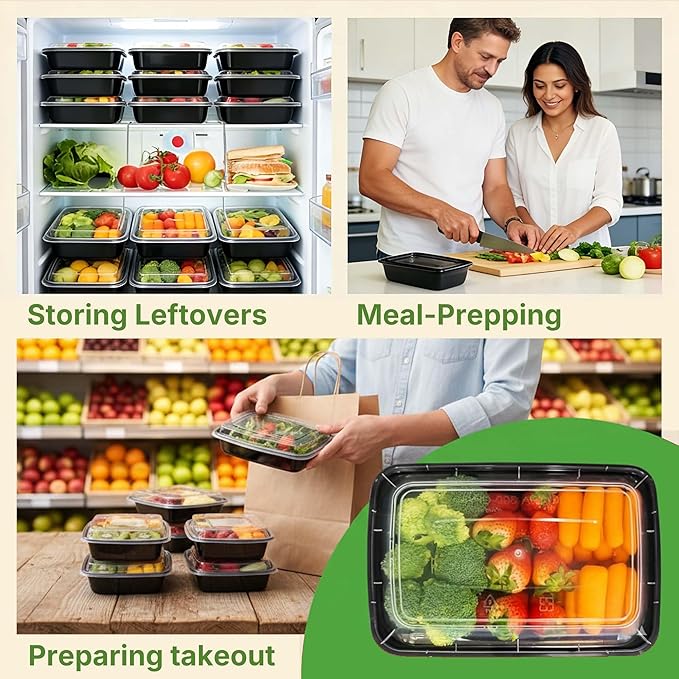 Uni-Pak Meal Prep Containers with Lids, Reusable 32oz Rectangle Food Storage, Sturdy Leakproof, Microwave Freezer Dishwasher Safe, To-Go Takeout Plastic Containers, 50 Pack (100-Piece) – 60816 60816