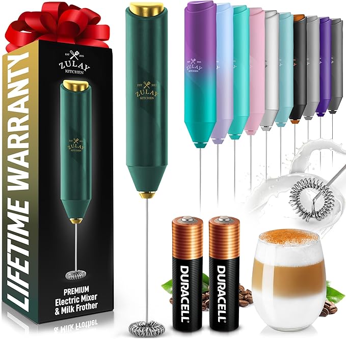 Zulay Kitchen Powerful Milk Frother AA Batteries Included – Ultra Fast Handheld Drink Mixer with Stainless Steel Whisk Stirrer for Coffee, Protein, Matcha & More, Frother Wand Electric Frothmate