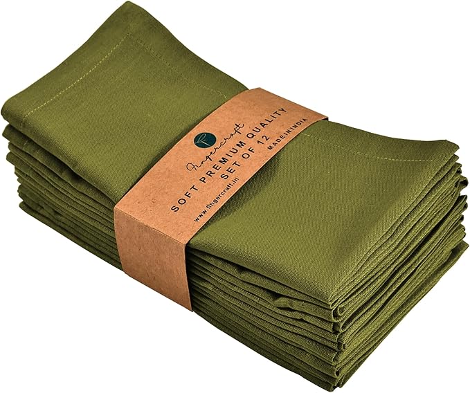 FINGERCRAFT Dinner Cloth Napkins, Cotton Linen Blend Mitered Corner Napkins Cloth 12 Pack Natural Premium Quality for Every Day Use, Parties, Easter, Thanksgiving, Weddings, 18x18 inch Olive Green