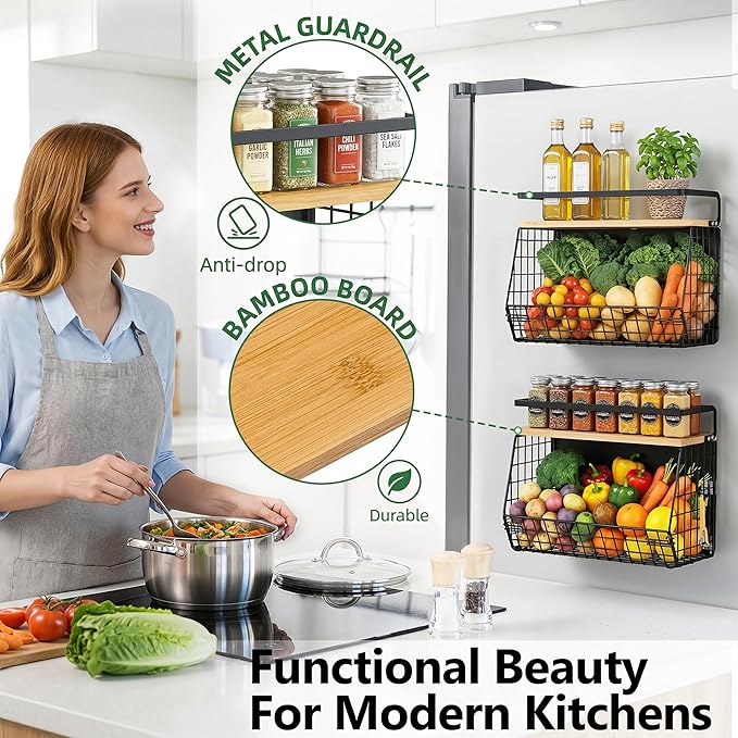 Magnetic Shelf for Fridge with Wood Lid, Fruit Potato & Onion Storage Bins, Magnetic Spice Rack for Refrigerator Pantry Organizer & Storage, Large Container for Refrigerator, Kitchen Counter & Laundry