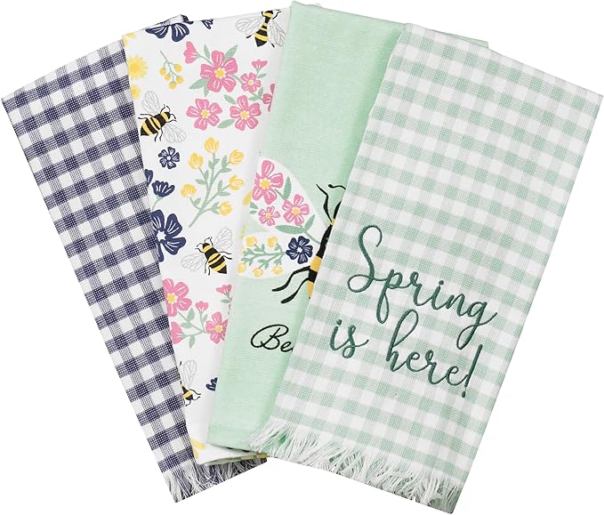 Ritz 100% Cotton Kitchen Towels, Spring Bee – 16"x26" – Absorbent Dish Towels for Drying & Cleaning – Soft & Durable (Set of 4)