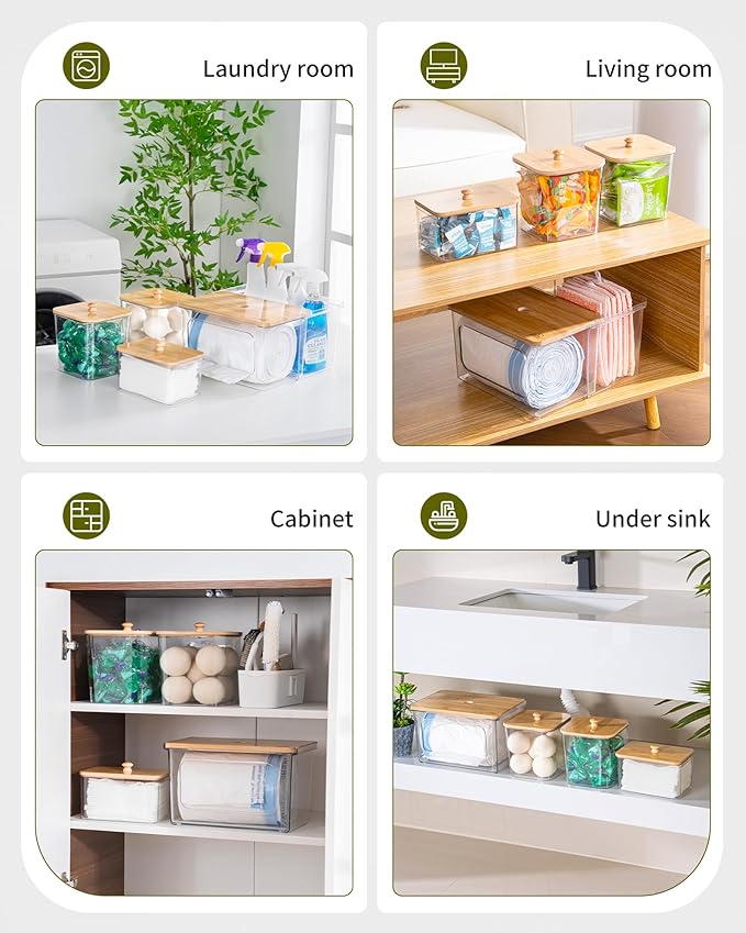 iCASA Trash Bag Dispenser Dishwasher Pod Holder - 5 in 1 Plastic Garbage Bag Under Sink Organizer, Acrylic Dryer Sheet Balls Laundry Pods Container with Bamboo Lid, Pantry Organizers and Storage Box