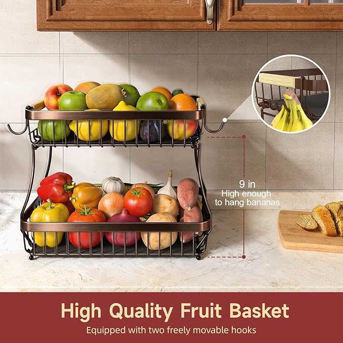 Sevenblue 2 Tier Large Fruit Basket for Kitchen Counter with 2 Mobile Banana Hangers, 2026 Pro Detachable Metal Fruit Bowl with Wooden Handle (Brown, 2 Tier)