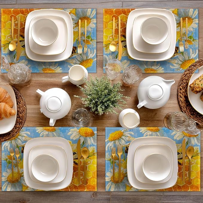 HOMETITUTE Placemats Set of 4 12x18 inch Spring Table Mats for Dining Table Honeycomb Bee Linen Placemats Farmhouse Decorations Kitchen Decor Desk Mat for Outdoor Home Party Kitchen Seasonal Dining