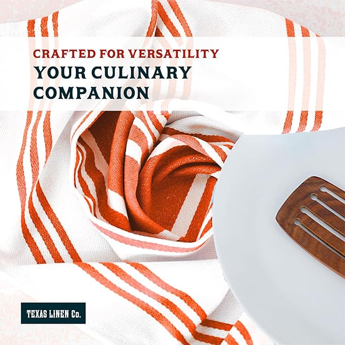 TEXAS LINEN CO. American Stripe Kitchen Towels 100% Cotton Pack of 6, Highly Absorbent Quick Drying, Soft Dish Towels 20x30 Inch for Kitchen w Hanging Loop, Hand & Tea Towel - Orange & White Striped