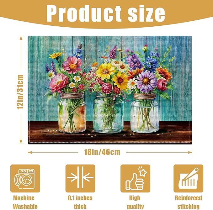 Rustic Flower Placemats Set of 6, Spring Flower Vase Linen Place Mat Washable Stain Resistant Table Mats for Farmhouse Kitchen Party Wedding 12x18 Inch