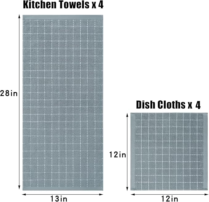 Homaxy Kitchen Towels and Dishcloths Set, 12 x 12 and 13 x 28 Inches, Set of 8 Bulk Cotton Terry Kitchen Towels Set, Checkered Designed, Soft and Super Absorbent Dish Cloths, Grey