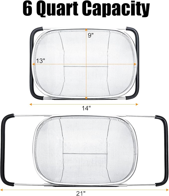 Suwimut 2 Pack Over the Sink Oval Colander for Kitchen, Stainless Steel Fine Mesh 6 Quart Strainer Basket with Expandable Rubber Grip Handles for Straining, Draining, Rinsing Fruits, Vegetables