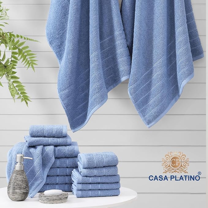 Casa Platino 100% Cotton Bathroom Towels Set – 24 Pc Family Pack – Soft & Absorbent, Ring Spun, Quick Dry Towels, 2 Bath Sheets, 2 Gym, 2 Bath, 4 Fingertip, 6 Hand, 8 Washcloths – Cerulean Blue