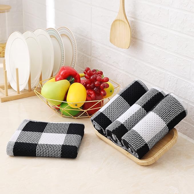 Homaxy 100% Cotton Waffle Weave Check Plaid Kitchen Towels, 13 x 28 Inches, Super Soft and Absorbent Dish Towels for Drying Dishes, 8-Pack, White & Black