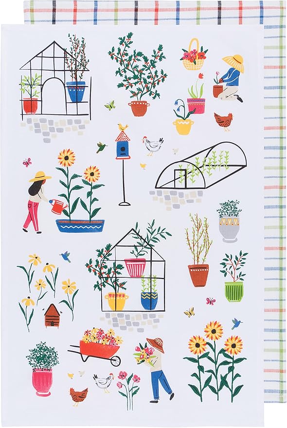 Now Designs Green Thumb Printed and Woven Kitchen Towel, Set of 2