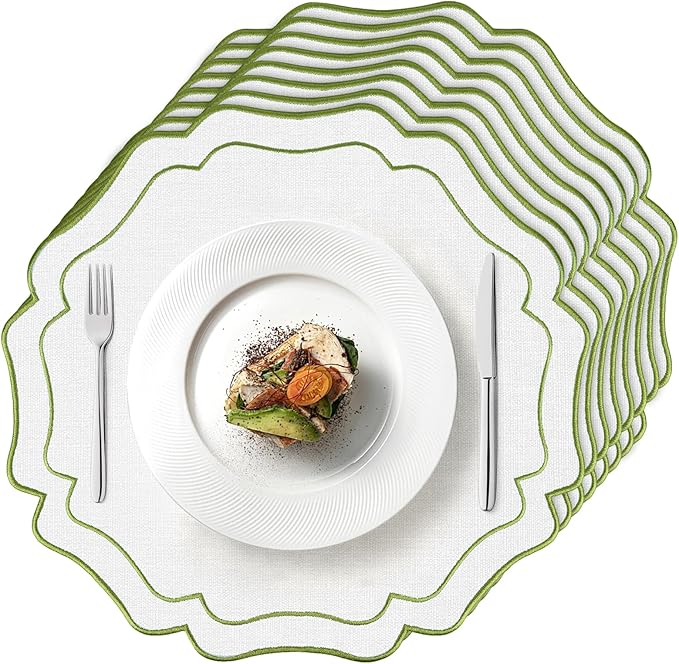 8 Sets Ribbon Twirl Cotton Linen Placemats, 15 inch Embroidery Scalloped Round Cloth Table Mats Washable Fabric Place Mats for Wedding Baby Shower Banquet Party Holiday Table Decor-White and Green