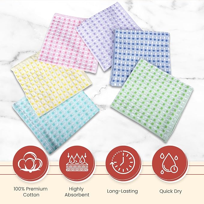 Vintage Vista 100% Cotton Dish Cloths (Pack of 6) - Dish Rags for Washing Dishes - Reusable & Highly Absorbent Kitchen Towels - Kitchen Rags fo Easter - (12" x 12" - Multicolor Honeycomb)