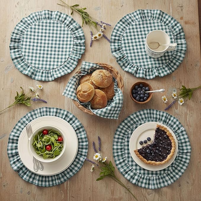 4 Pcs 15 Inch 100% Cotton Scalloped Round Placemats, Thin Dark Green Gingham Place Mats with Ruffle, Washable Placemats Table Mats for Kitchen Dining Holiday Gatherings Decor