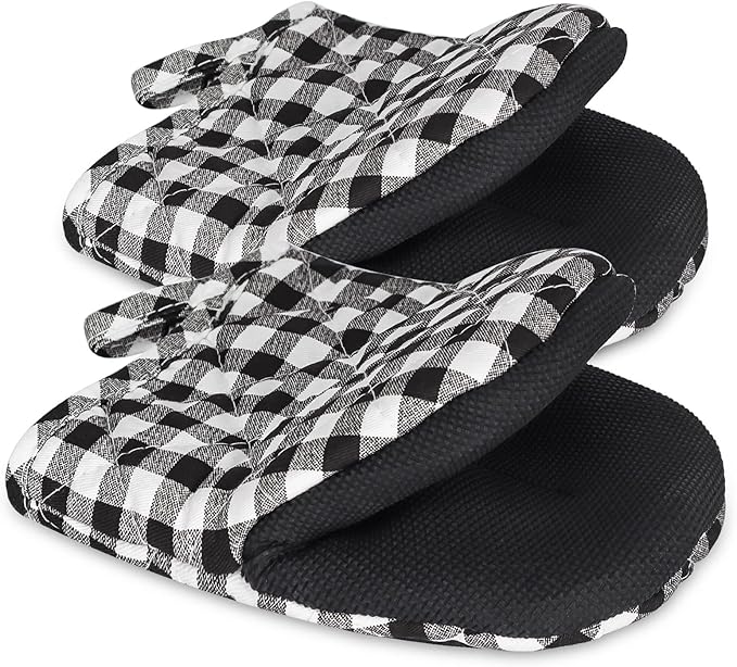 Short Oven Mitts, Heat Resistant 500°F, Silicone Grip Kitchen Gloves, Non-Slip for Baking, Grilling, BBQ, Machine Washable with Hanging Loop, 2-Pack Set, Black and White Plaid