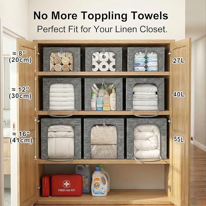 GoMaihe Clothes Storage Bins Metal Frame: 55L Extra Large Stackable Closet Storage Bin with Lid & Clear Window, Heavy Duty Blanket Box for Winter Coats Comforters (Fits Deep Closet 6-Pack)