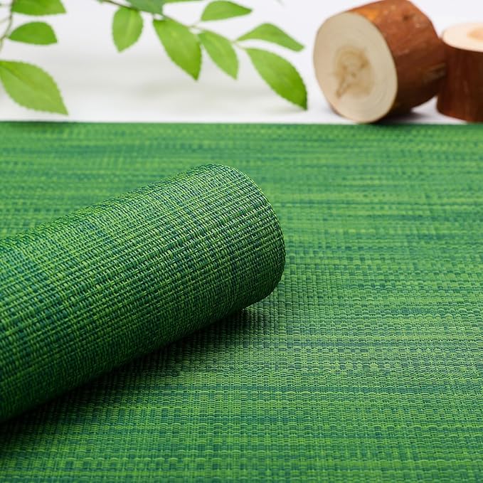 Myir JUN Placemats Set of 10, Vinyl Woven Placemats Place Mats Indoor Set of 10 Washable Table Mats Non-Slip Place mats for Dining Table (Dark Green)