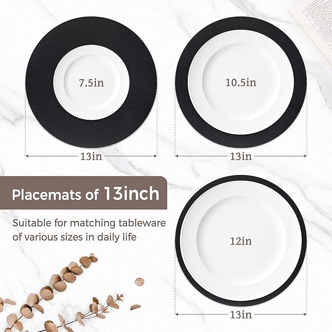 13" Round Placemats Set of 4, Reversible Faux Leather Heat Resistant Table Mats, 100% Waterproof Oilproof Wipeable Table Protective Placemats for Vinyl, Washable for Indoor (4, Black)