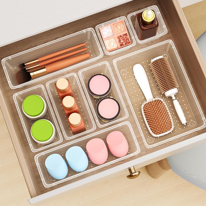 ElegantArray 24 PCS Drawer Organizer Set, 4 Sizes Tool Storage Trays, Clear Plastic Makeup Vanity Organizer and Storage Bins for Makeup, Stationeries, Multiple Gadgets for Bathroom, Office, Bedroom