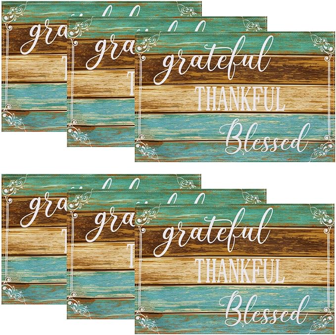 Farmhouse Placemats Set of 6 Thanksgiving Dining Table Placemats Rustic Teal Cloth Place Mats - Linen Washable Wipeable Heat Resistant Decorative Table Mats for Kitchen Coffee Dinner