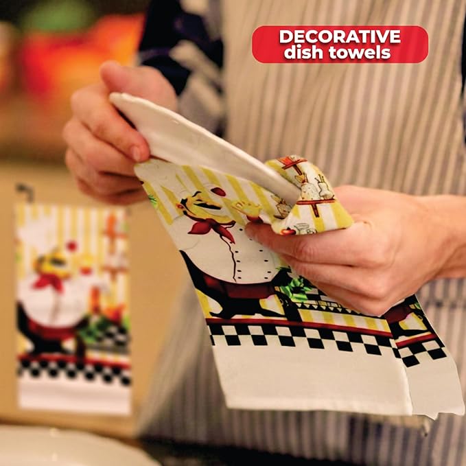 Lobyn Value Packs - Charming 5 Piece Kitchen Towel Set: Chubby Uniformed Chef Design, Includes 2 Decorative Dish Towels (25 X15) 1 Oven Mitt (11 X 7) and 2 Potholders (6.5 X 6.5)