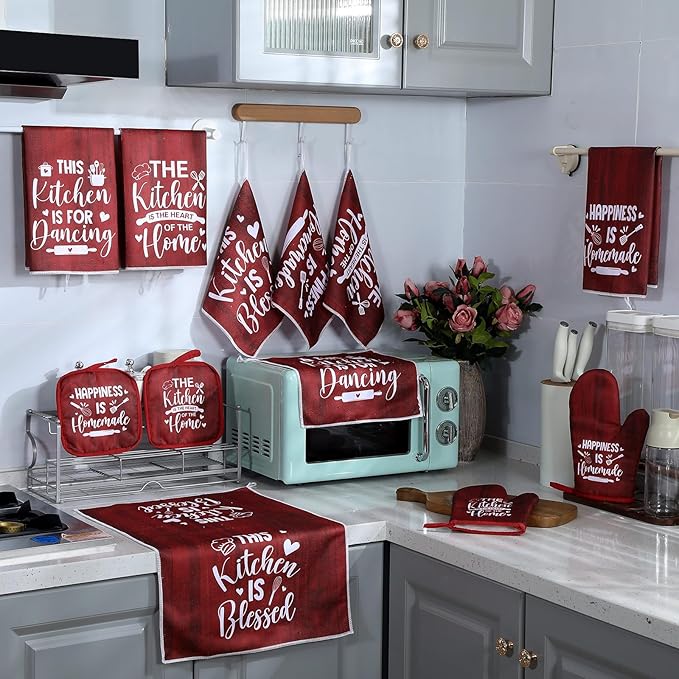 12 Pcs Farmhouse Kitchen Decor Sets 4 Red Kitchen Hand Towels 4 Dish Clothes 2 Rustic Pot Holders 2 Burgundy Oven Mitts Glove Hand Towels and Dishcloths Sets for Home Decorations Accessories Mom Gift