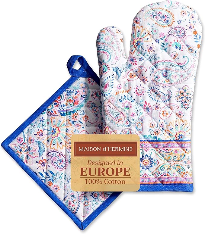 Maison d' Hermine 100% Cotton Oven Mitt & Pot Holder Set (7.5"x13" & 8"x8") Heat Resistant BBQ Cooking Gloves with Loop Baking Grilling Kitchen Gifts for Mothers Day Spring/Summer (Indian Floral)
