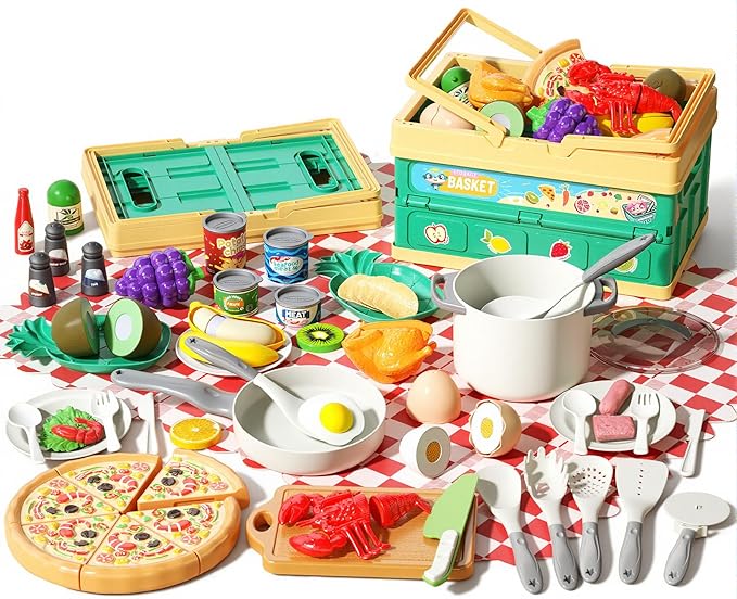 80Pcs Kitchen Playset, Toddler Pretend Cooking with Pots, Pans, Cookware, Food, Picnic Blanket, Fruits, Veges, Shopping Storage Basket, Dessert , Learning Gift for Girls Boys (White)